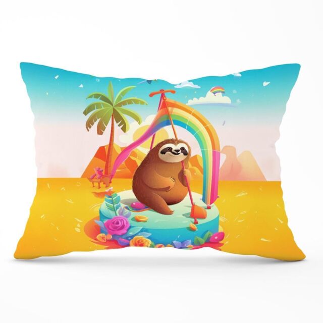 Warren Reed - Designer Sloth On A Beach Holiday Cushions in Yellow - Size: 45 cm x 45 cm - image 1