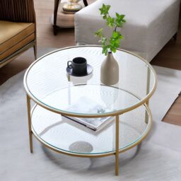 Industrial 2 Tier Round Coffee Table With Tempered Glass - thumbnail 4