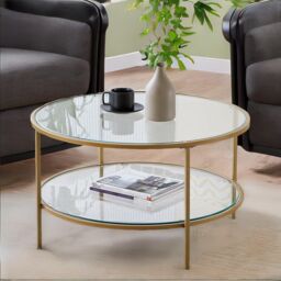 Industrial 2 Tier Round Coffee Table With Tempered Glass - thumbnail 3