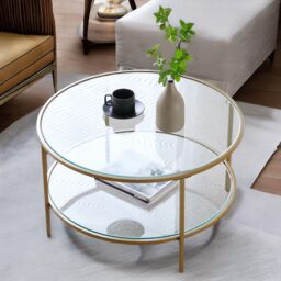 Industrial 2 Tier Round Coffee Table With Tempered Glass - thumbnail 1