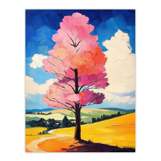 "Artery8 Pink Tree in Countryside Field Landscape Painting Wall Art Print - Size: W18"" x H24""" - image 1