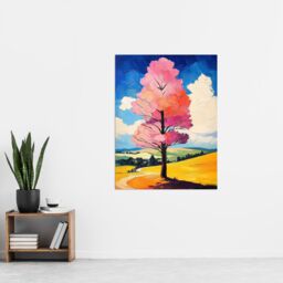 "Artery8 Pink Tree in Countryside Field Landscape Painting Wall Art Print - Size: W18"" x H24""" - thumbnail 4