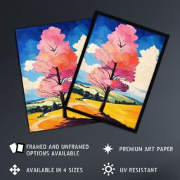 "Artery8 Pink Tree in Countryside Field Landscape Painting Wall Art Print - Size: W18"" x H24""" - thumbnail 2