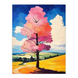 "Artery8 Pink Tree in Countryside Field Landscape Painting Wall Art Print - Size: W18"" x H24""" - thumbnail 1