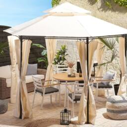 Wyld and Coco Garden Gazebo Beige Polyester Curtains Black Powder Coat Steel UV