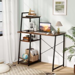 Costway Home Office Desk Computer Desk PC Laptop Table w/ Bookshelf & Host Stand in Brown - thumbnail 4