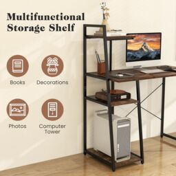 Costway Home Office Desk Computer Desk PC Laptop Table w/ Bookshelf & Host Stand in Brown - thumbnail 6