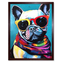 "Artery8 Wall Art Print French Bulldog in Sunglasses & Bandana Folk Art Framed in Brown - Size: W12"" x H16""" - thumbnail 1