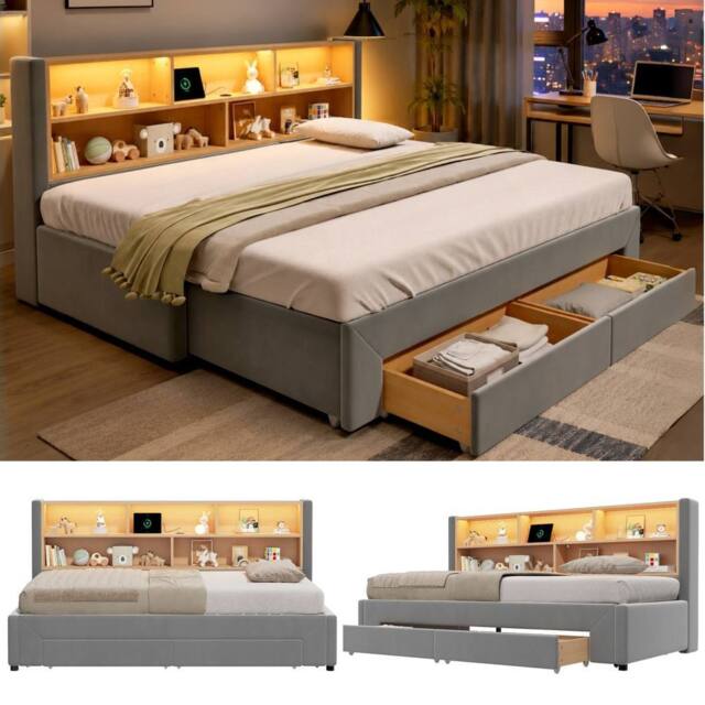 BTM 3FT Extendable Velvet Daybed LED Drawers 90x190 Grey - Size: Single - image 1