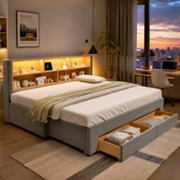 BTM 3FT Extendable Velvet Daybed LED Drawers 90x190 Grey - Size: Single - thumbnail 2