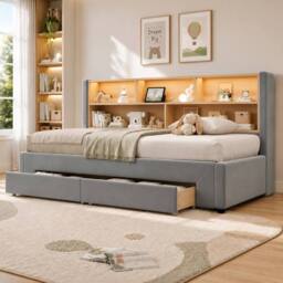 BTM 3FT Extendable Velvet Daybed LED Drawers 90x190 Grey - Size: Single - thumbnail 3