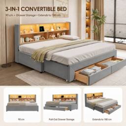 BTM 3FT Extendable Velvet Daybed LED Drawers 90x190 Grey - Size: Single - thumbnail 8