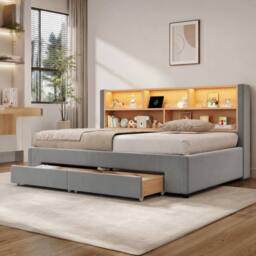 BTM 3FT Extendable Velvet Daybed LED Drawers 90x190 Grey - Size: Single - thumbnail 6