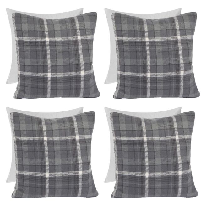 OHS Woven Check Cushion Covers Tartan Pack of 4 Filled Case Pad Set in Charcoal - Size: 45 cm x 45 cm