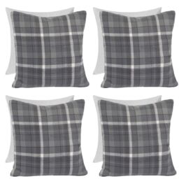 OHS Woven Check Cushion Covers Tartan Pack of 4 Filled Case Pad Set in Charcoal - Size: 45 cm x 45 cm - thumbnail 1