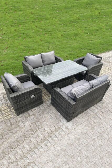 Fimous Outdoor Rattan Sofa Set Dining Table Height Adjustable Rising Lifting Table Reclining Chairs Love Sofa 6 Seater in Dark Grey - image 1
