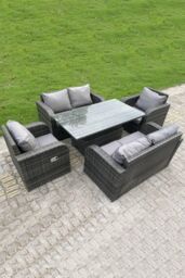 Fimous Outdoor Rattan Sofa Set Dining Table Height Adjustable Rising Lifting Table Reclining Chairs Love Sofa 6 Seater in Dark Grey - thumbnail 1