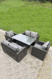 Fimous Outdoor Rattan Sofa Set Dining Table Height Adjustable Rising Lifting Table Reclining Chairs Love Sofa 6 Seater in Dark Grey - thumbnail 2