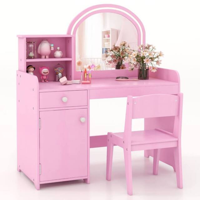Gymax Vanity Table & Chair Set Makeup Playset with Shelves & LED Light in Pink - image 1