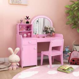Gymax Vanity Table & Chair Set Makeup Playset with Shelves & LED Light in Pink - thumbnail 3