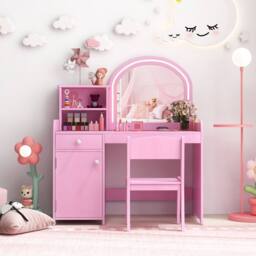 Gymax Vanity Table & Chair Set Makeup Playset with Shelves & LED Light in Pink - thumbnail 6