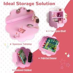 Gymax Vanity Table & Chair Set Makeup Playset with Shelves & LED Light in Pink - thumbnail 9