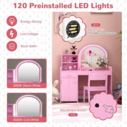 Gymax Vanity Table & Chair Set Makeup Playset with Shelves & LED Light in Pink - thumbnail 4