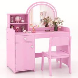 Gymax Vanity Table & Chair Set Makeup Playset with Shelves & LED Light in Pink - thumbnail 1