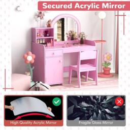 Gymax Vanity Table & Chair Set Makeup Playset with Shelves & LED Light in Pink - thumbnail 8