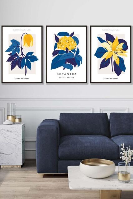 ARTZE Set of 3 Black Framed Navy Blue & Yellow Flower Market Wall Art - Size: W33 cm x H45 cm x D20mm - image 1