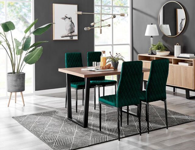 FurnitureboxUK Kylo Brown Wood Effect Dining Table With Black 'U' Legs & 4 Milan Velvet Chairs in Green - image 1