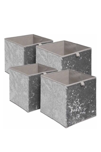 OHS Pack of 4 Crushed Velvet Folding Storage Box Cube in Charcoal - image 1