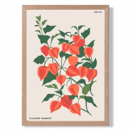 ARTZE Orange & Green Climbing Plant Flower Market Minimalist Framed Print SIZE: A3 with Oak Frame - Size: A4