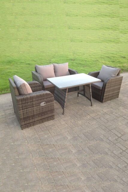 Fimous PE Rattan Garden Furniture Set Adjustable Chair Sofa Double Love Seat 2 Seater Sofa Oblong Rectangular Dining Table in Dark Grey - image 1