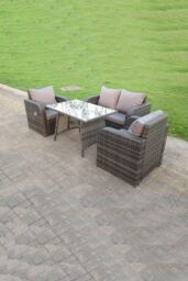 Fimous PE Rattan Garden Furniture Set Adjustable Chair Sofa Double Love Seat 2 Seater Sofa Oblong Rectangular Dining Table in Dark Grey - thumbnail 2