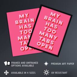 Artery8 My Brain Has Too Many Tabs Open Pink Funny Framed Wall Art Print - Size: A4 - thumbnail 2