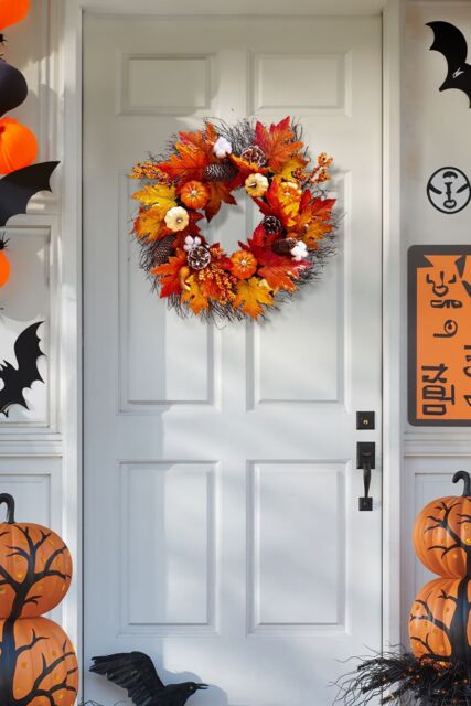 Living and Home 55cm Pre-Lit Autumn Wreath Seasonal Decor with Pumpkin, Maple Leaves, Cotton & Pine Cones in Orange - image 1