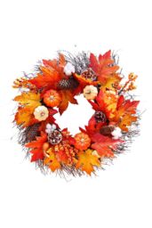 Living and Home 55cm Pre-Lit Autumn Wreath Seasonal Decor with Pumpkin, Maple Leaves, Cotton & Pine Cones in Orange - thumbnail 3