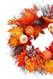 Living and Home 55cm Pre-Lit Autumn Wreath Seasonal Decor with Pumpkin, Maple Leaves, Cotton & Pine Cones in Orange - thumbnail 4