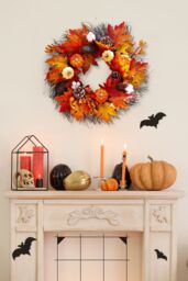 Living and Home 55cm Pre-Lit Autumn Wreath Seasonal Decor with Pumpkin, Maple Leaves, Cotton & Pine Cones in Orange - thumbnail 2