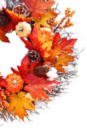 Living and Home 55cm Pre-Lit Autumn Wreath Seasonal Decor with Pumpkin, Maple Leaves, Cotton & Pine Cones in Orange - thumbnail 5