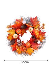 Living and Home 55cm Pre-Lit Autumn Wreath Seasonal Decor with Pumpkin, Maple Leaves, Cotton & Pine Cones in Orange - thumbnail 6