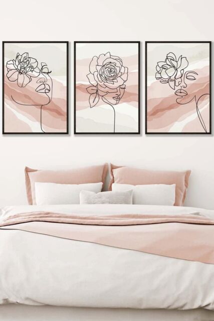 ARTZE Set of 3 Black Framed Female Line Art Floral Faces on Pink & Ivory Wall Art in Light Pink - Size: W33 cm x H45 cm x D20mm - image 1