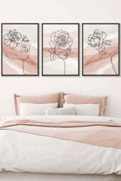 ARTZE Set of 3 Black Framed Female Line Art Floral Faces on Pink & Ivory Wall Art in Light Pink - Size: W33 cm x H45 cm x D20mm