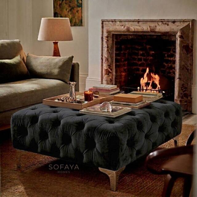 Sofaya Monaco Chesterfield Velvet Foot Stool, Deep Buttoned Coffee Table in Black - Size: 100 cm x 80 cm - image 1