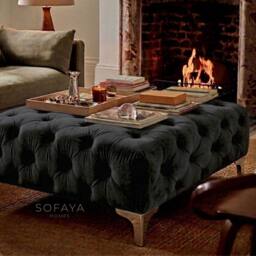 Sofaya Monaco Chesterfield Velvet Foot Stool, Deep Buttoned Coffee Table in Black - Size: 100 cm x 80 cm - thumbnail 2