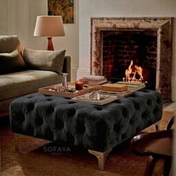Sofaya Monaco Chesterfield Velvet Foot Stool, Deep Buttoned Coffee Table in Black - Size: 100 cm x 80 cm - thumbnail 1