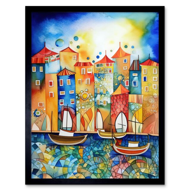 "Artery8 Wall Art Print Abstract Sailing Seafront Folk Art Framed in Black - Size: W12"" x H16""" - image 1