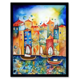 "Artery8 Wall Art Print Abstract Sailing Seafront Folk Art Framed in Black - Size: W12"" x H16""" - thumbnail 1