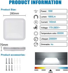 ExtraStar 18W Square LED Ceiling Light with Silver Glitter Edge, 6500K, 1900 lumen in White - thumbnail 2